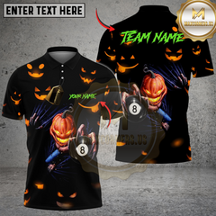 Maxcorners Billiards Ball 8 Halloween Pumpkin Scary Head Personalized Name, Team Name Unisex Shirt (4 Colors)