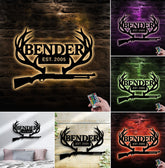 Maxcorners Personalized Metal Sign WITH LED/WITHOUT LED – Deer Antler Hunting Wall Decor with Rifle – Custom Rustic Cabin Sign for Hunters LM0110