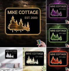 Maxcorners Personalized Forest Metal Sign WITH LED/WITHOUT LED - Rustic Cabin Name Sign With Pine Trees, Wall Art for Lodge & Home LM0110