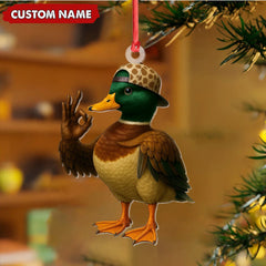 Maxcorners Personalized Cool Duck Christmas Ornament, Custom Name Mallard Wearing Hat, Funny Hipster Duck Tree Decoration