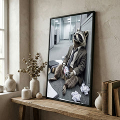 Maxcorners Drunk Raccoon in Office Suit Sitting on Floor with Beer Canvas Wall Art
