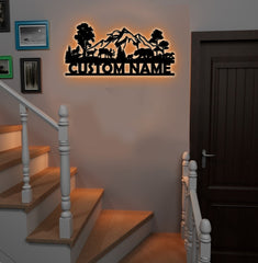 Maxcorners Personalized Wildlife Metal Sign WITH LED/WITHOUT LED - Rustic Cabin Name Sign with Deer & Bear, Mountain Lodge Outdoor Wall Art LM0110