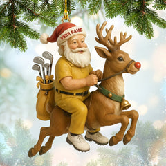 Maxcorners Yellow Personalized Golf Santa Ornament – Custom Name Christmas Ornament – Funny Golf Xmas Gift for Players, Santa Riding Reindeer Tree Decoration MT1611