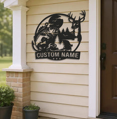 Maxcorners Personalized Deer and Fish Hunting Metal Sign WITH LED/WITHOUT LED, Rustic Cabin Wall Decor, Wildlife Outdoor Lodge Gift LM0110