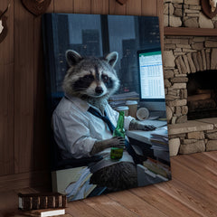 Maxcorners Raccoon Office Worker Holding Beer at Desk Late Night Canvas Wall Art