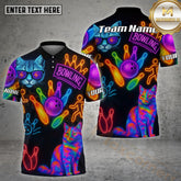 Maxcorners Bowling & Pins Neon Cat Pattern Multicolor Options Personalized Name, Team Name 3D Shirt (4 Colors)