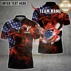 Maxcorners Bowling Shirt American Flag Fire Bowling Ball Pins Personalized Name Team Name 3D Shirt