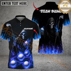 Maxcorners Flaming Reaper Golf Polo Shirt, Custom Name & Team Name 3D Shirts