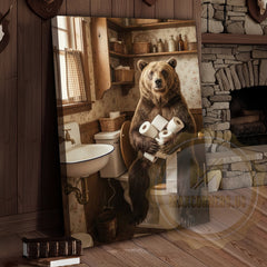 Maxcorners Bear Canvas Farmhouse Bathroom Toilet Paper Humor Canvas Wall Art