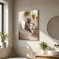 Maxcorners Raccoon Sitting on Toilet Reading Newspaper Bathroom Humor Canvas Wall Art