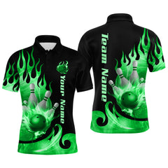 Maxcorners Green Flame Bowling Team Shirt for Men Bowling League Jersey Polo & 1/4 Zip Bowling Outfit TU3009