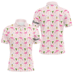 Maxcorners Pink Flamingo Pattern Mens Golf Polo Shirts Custom Funny Desert Cactus Team Golf Tops For Men, Golf Gifts TU2601