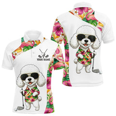 Maxcorners Funny Mens Golf Polo Shirt Custom Tropical Flamingo Pink Pattern, White Poodle Golf Outfit For Men TU2212