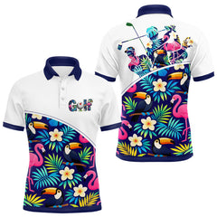 Maxcorners Funny Mens Golf Polo Shirt Custom Toucan Tropical Pattern, Flamingo Golf Shirt For Men LM2201