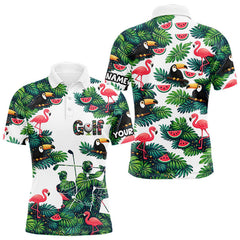 Maxcorners Funny Mens Golf Polo Shirt Custom Floral Tropical Leaf Pattern Flamingo Golf Shirt For Men TU2001