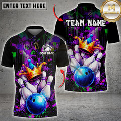 Maxcorners Bowling Crown Pins Graffiti Splash Art Multicolor Customized Name, Team Name 3D Shirt