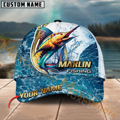 Maxcorners Marlin Fishing Golden Hook Graphic Personalized Name 3D Cap