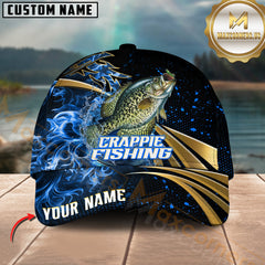 Maxcorners Crappie Fishing Fire Gold Pattern With Blue Flame Pattern Sport Pattern Personalized Name 3D Cap MT78