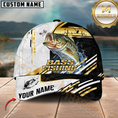 Maxcorners Bass Fishing Black White Gold Premium Pattern Sport Pattern Personalized Name 3D Cap MT78