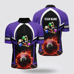 MaxCorners Billiard 8 Ball Pool Fire Purple Jerseys Customized Name And Team Name 3D Zip Polo Shirt For Men