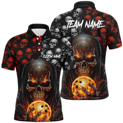 MaxCorners Bowling And Pins Flame Skull Pattern Customized Name, Team Name 3D Polo Shirt For Men