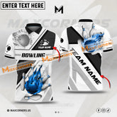 Maxcorners Bowling & Pins Fire Ball Smoke Pattern Multicolor Option Customized Name, Team Name 3D Polo Shirt (4 Colors)