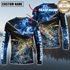 Maxcorners Bass Fishing Blue Flame Premium Golden & Silver Line Pattern Sport Jersey Personalized Name, Team Name Long Sleeve Shirt