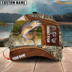 Maxcorners Personalized Trout Fish Fishing Water Leather Grass Camo Pattern Premium Classic 3D Cap
