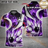 Maxcorners Bowling & Pins Flame Premium Silver Multicolor Option Customized Name, Team Name 3D Polo Shirt (4 Colors)