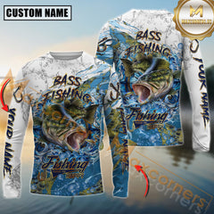 Maxcorners Bass Fishing Ocean Splash Design Personalized Name, Team Name Long Sleeve Shirt