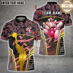 Maxcorners Bowling Gold Bowler Silhouette And Pink Pins Graphic Multioptions Customized Name, Team Name 3D Shirt (5 Colors)