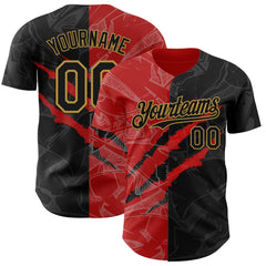 Maxcorners Custom Graffiti Pattern Black Red-Old Gold 3D Scratch Premium Baseball Jersey LM0210