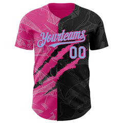 Maxcorners Custom Graffiti Pattern Light Blue Black-Pink 3D Scratch Premium Baseball Jersey LM0210