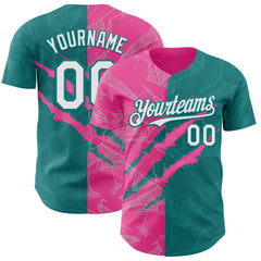 Maxcorners Custom Graffiti Pattern White Teal-Pink 3D Scratch Premium Baseball Jersey LM0210