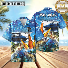 Maxcorners Bass Fishing Boat Blue Beer Pattern Sport Jersey Personalized Name, Team Name Hawaiian Shirt