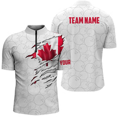 MaxCorners Bowling And Pins Canadian Flag Customized Name, Team Name 3D Stand Collar Zipper Polo Shirt For Men