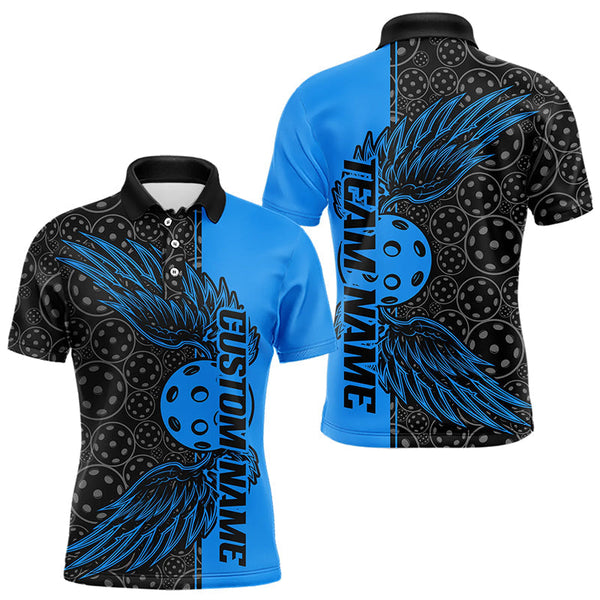 Maxcorners Black And Blue Custom Pickleball Wings Polo Shirts For Men, Mens Pickleball Team Shirts LM1307