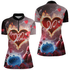 Maxcorners Custom Valentines Day Couple Bowling Polo Shirts For Men, Roses And Flame Bowling For Lovers