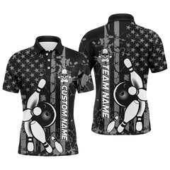Maxcorners American Flag Black And White Custom Bowling Polo Shirts For Men, Patriotic Bowling Team Jerseys