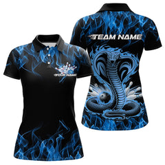 Maxcorners Custom Black And Blue Flame Cobra Snake Bowling Polo Shirts For Men, Bowling Team Uniform LM1102