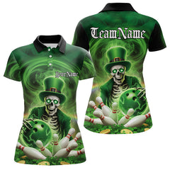Maxcorners Custom Green St Patricks Day Skull Bowling Polo Shirts For Men And Women, Shamrock Bowling Shirt