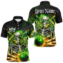 Maxcorners Custom Green Flame Skull Saint Patrick Day Bowling Polo & Quarter Zip Shirt For Men And Women, Shamrock Bowling