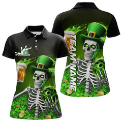 Maxcorners Custom Green St Patricks Day Funny Skull Drink Beer Bowling Polo & Quarter Zip Shirts For Men And Women