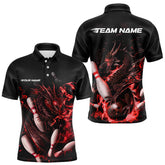 Maxcorners Custom Black And Red Flame Dragon Bowling Polo Shirts For Men, Bowling Tournament Team Shirt