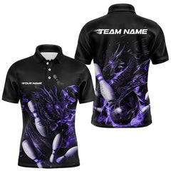 Maxcorners Custom Black And Purple Flame Dragon Bowling Polo Shirts For Men, Bowling Tournament Team Shirt