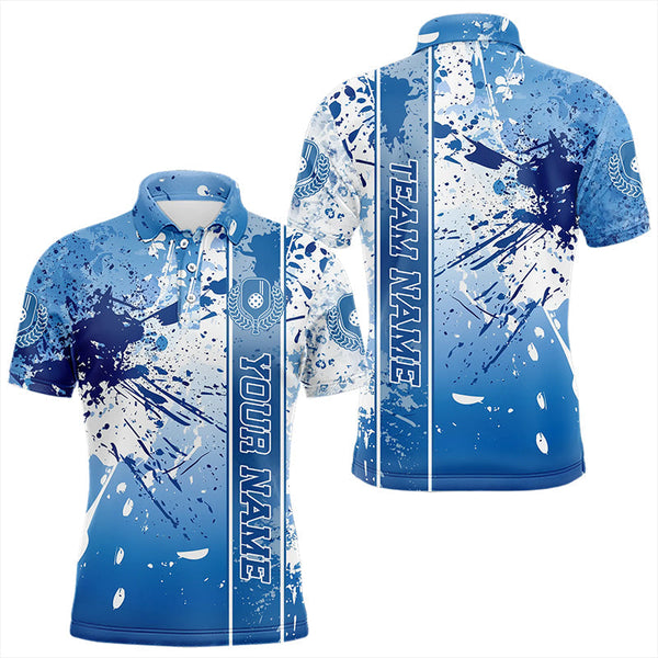 Maxcorners Blue And White Splatter Custom Pickleball Polo Shirts For Men, Pickleball Team Uniform