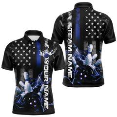 Maxcorners Custom Black And Blue Thin Line American Flag Patriotic Us Bowling Team Polo Shirts For Men