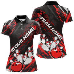 Maxcorners Grunge Black And Red Custom Flame Bowling Team Polo Shirts For Men, Bowling League Shirt