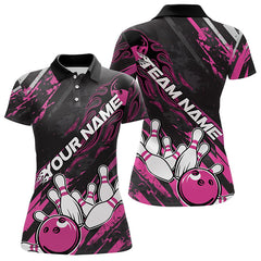Maxcorners Grunge Black And Pink Custom Flame Bowling Team Polo Shirts For Men, Bowling League