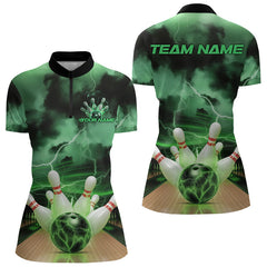 Maxcorners Green Thunder Lightning Custom Bowling Polo Shirts For Women, Bowling League Shirt Outfits